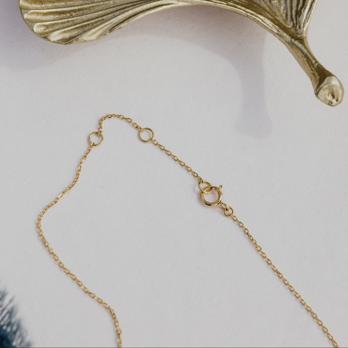 Gold chain necklace on a light gray background with a decorative leaf.