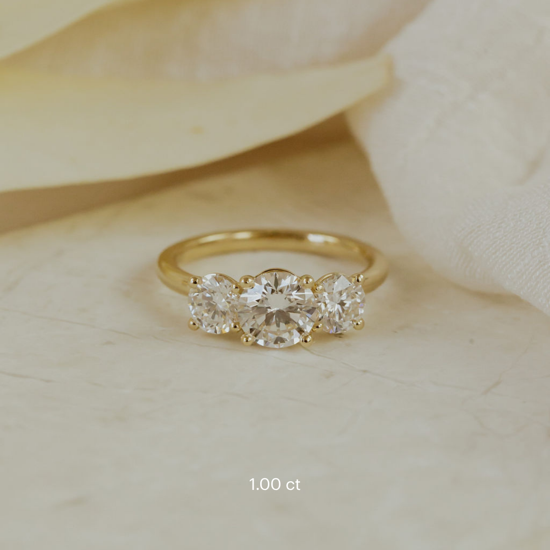 The Hannah Round Ring in 14k yellow gold, featuring a round cut center stone set in four prongs with two large round diamond side stones, shown in the 1.00 ct center stone size on a cream surface with flower petals.
