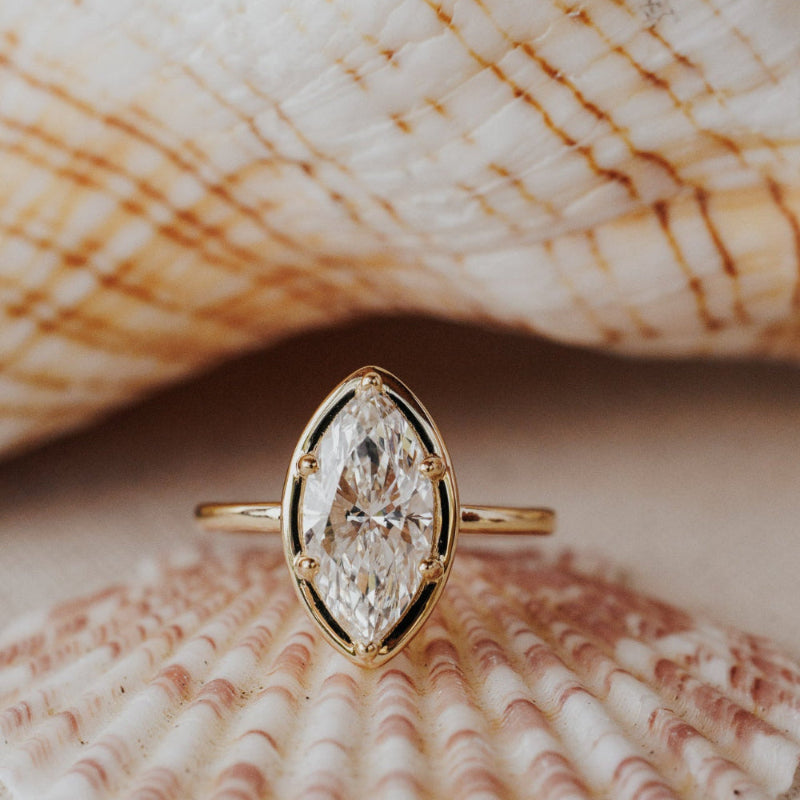 The Maren Ring in 14k yellow gold featuring a lab-grown marquise diamond center stone set with six prongs in a high polish gold halo, displayed inside a seashell. The Maren Marquise Ring features a 14k gold ring with a marquise center stone set with six prongs with a high polish gold halo. The entire design is set flush to the finger. This ring is made-to-order based on the selected customizations.