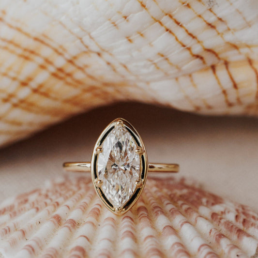 The Maren Ring in 14k yellow gold featuring a lab-grown marquise diamond center stone set with six prongs in a high polish gold halo, displayed inside a seashell. The Maren Marquise Ring features a 14k gold ring with a marquise center stone set with six prongs with a high polish gold halo. The entire design is set flush to the finger. This ring is made-to-order based on the selected customizations.