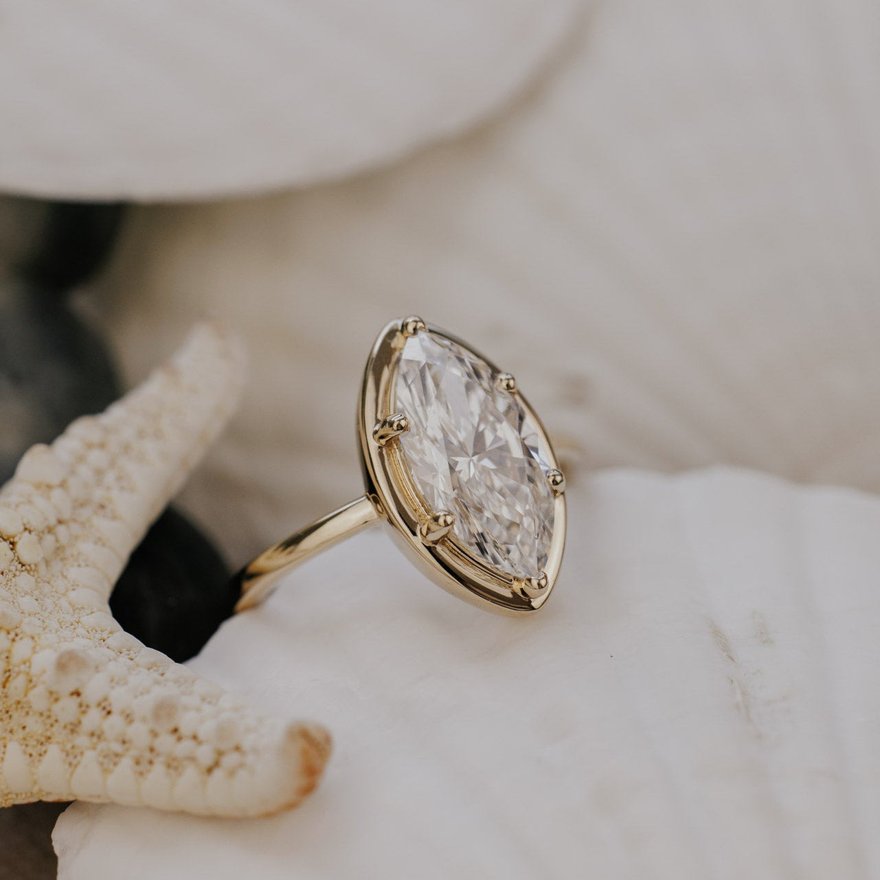 The Maren Ring in 14k yellow gold featuring a lab-grown marquise diamond center stone set with six prongs in a high polish gold halo, displayed on a shell alongside a starfish.