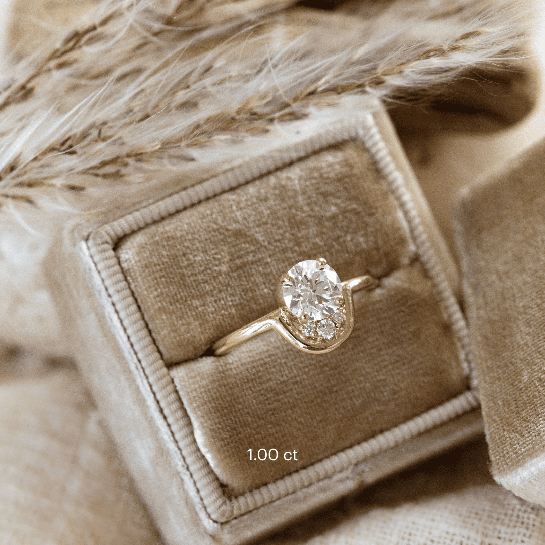 The Palma Round Ring in 14k yellow gold featuring a lab-grown round diamond center stone with round diamond arc accent, displayed in a tan velvet ring box. The Palma Round Ring is made in 14k gold, featuring a round center stone paired with ~.06 cttw round diamonds set between the center stone and an all-gold arc accent. The entire design is set flush to the finger. This ring is made-to-order based on the selected customizations.