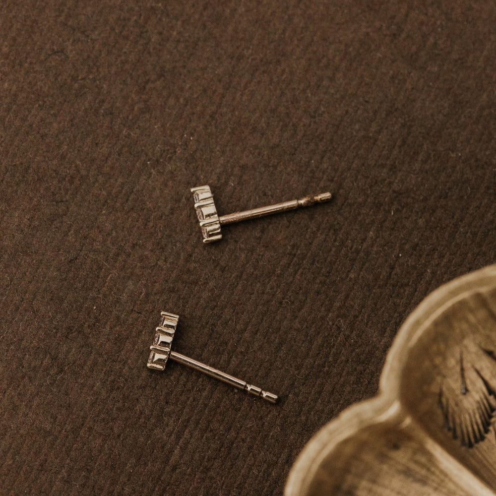 Pair of gold stud earrings on a brown textured surface.