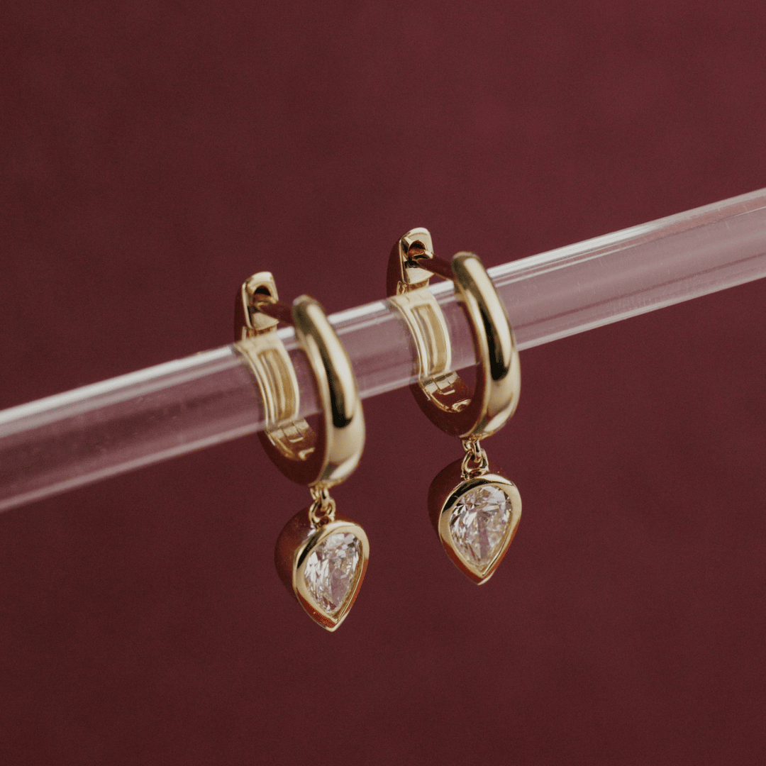 Pear Bezel Set Lab Grown Diamond Dangle on Huggie Earrings