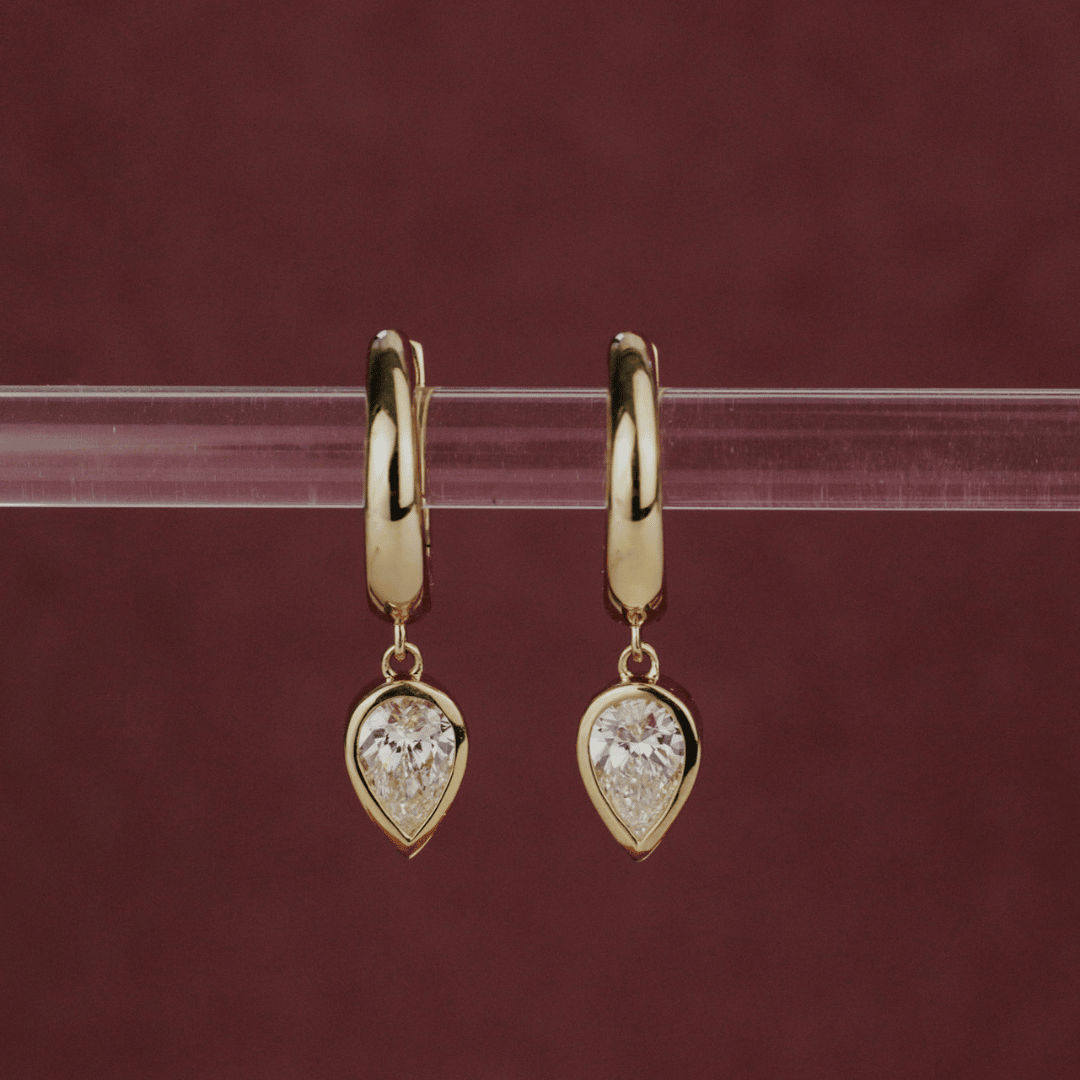 Pear Bezel Set Lab Grown Diamond Dangle on Huggie Earrings