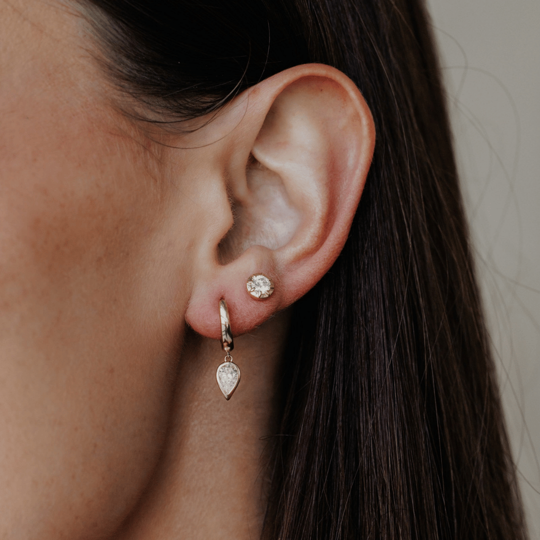 Pear Bezel Set Lab Grown Diamond Dangle on Huggie Earrings