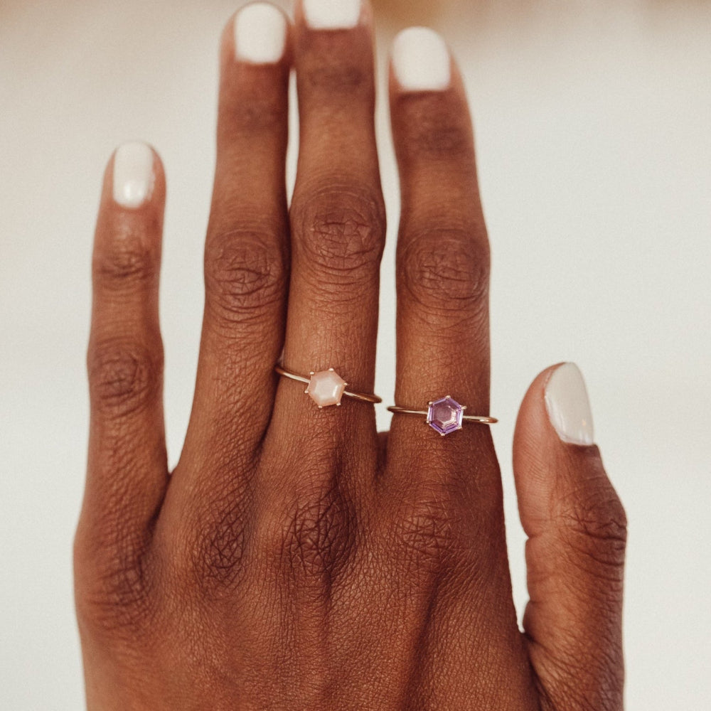 Hexagon Peach Moonstone Ring