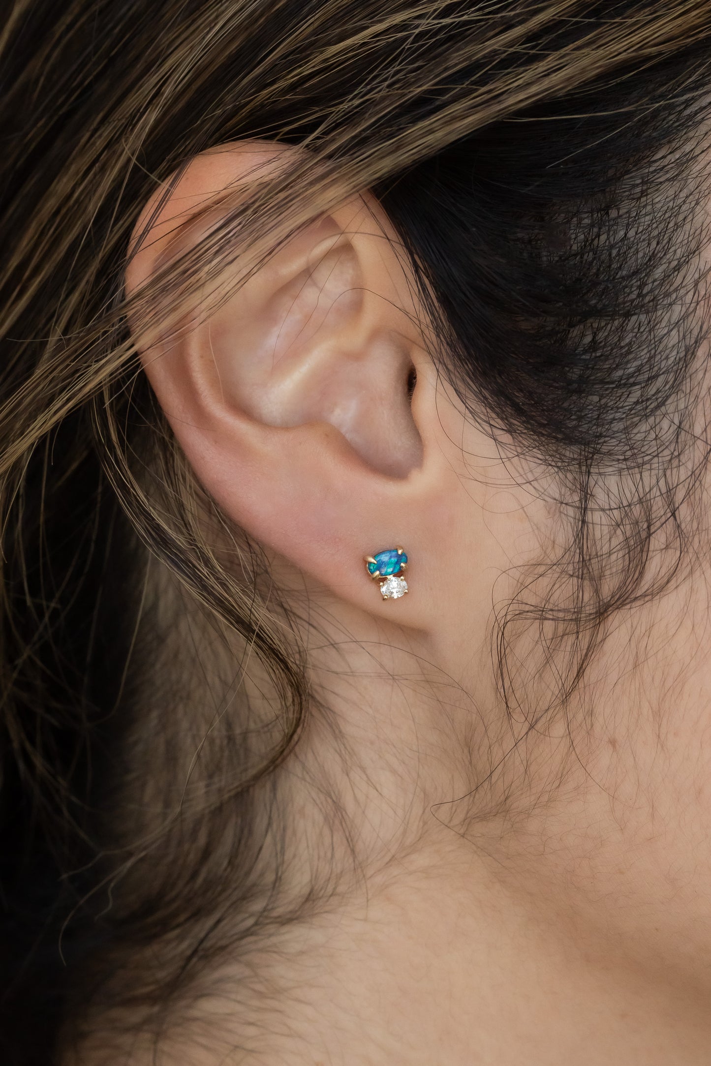 Opal with Oval Diamond Stud Earrings