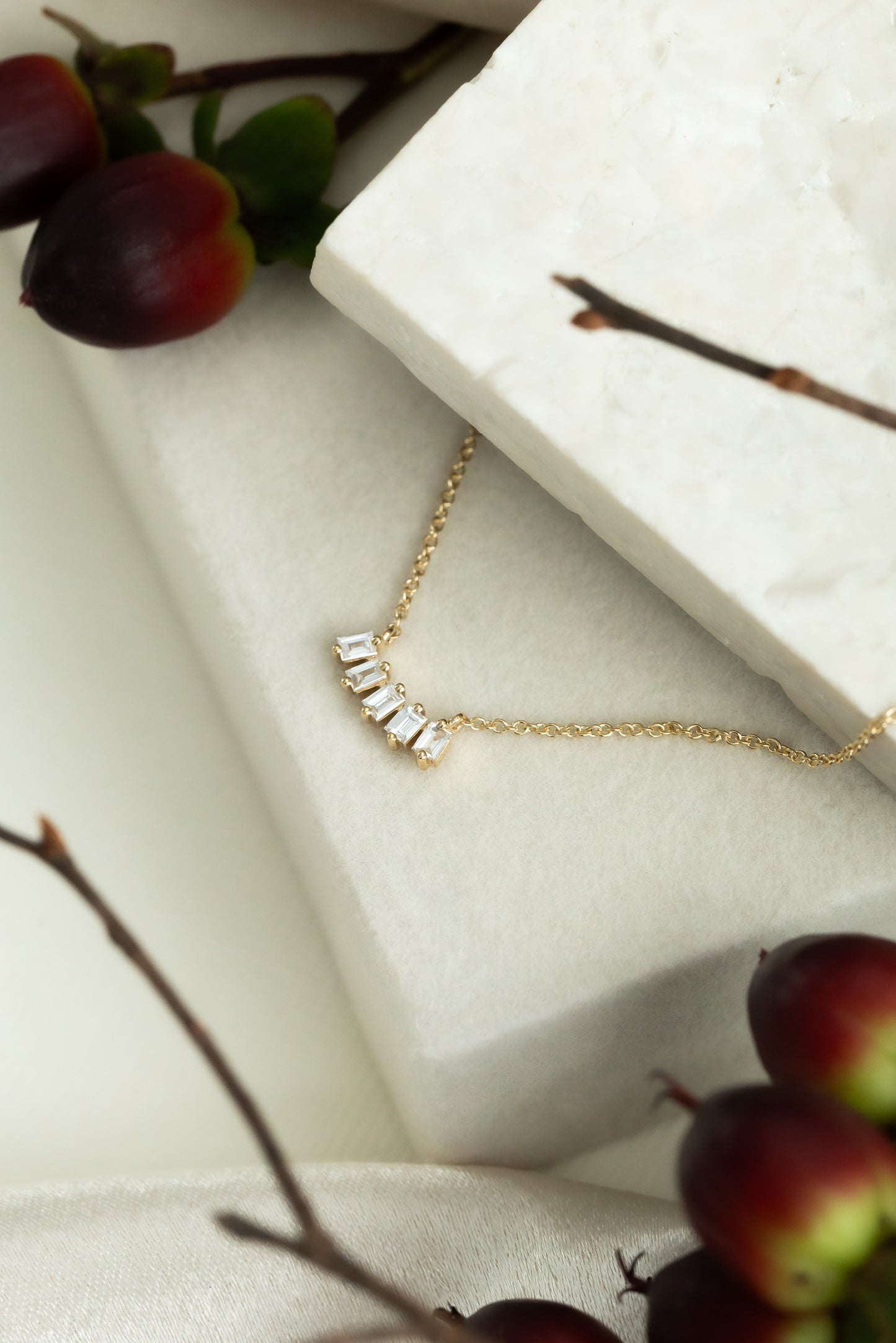 Five Baguette Curved Diamond Necklace