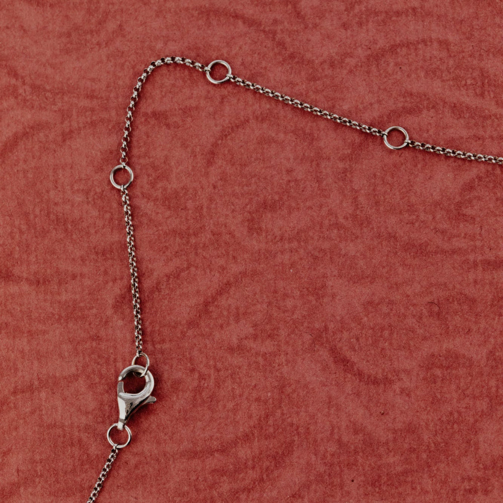 White gold necklace chain with clasp on a red textured background.