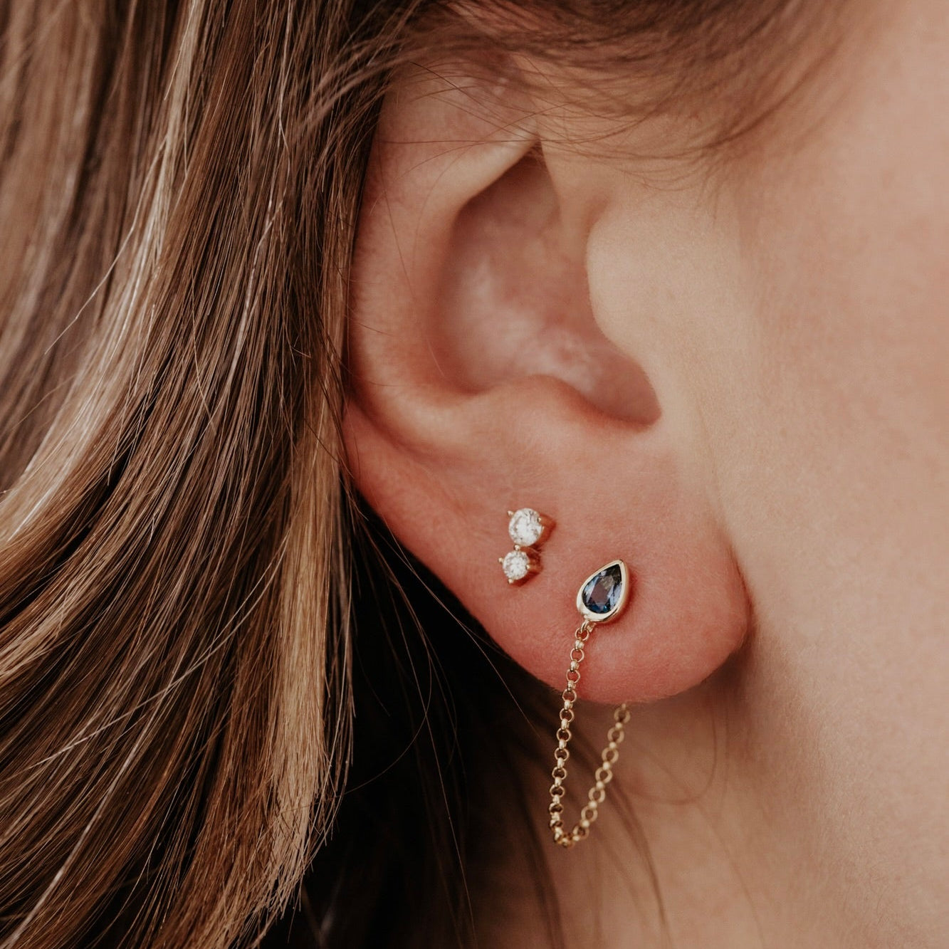 Bezel Pear London Blue Topaz with Front to Back Chain Earrings