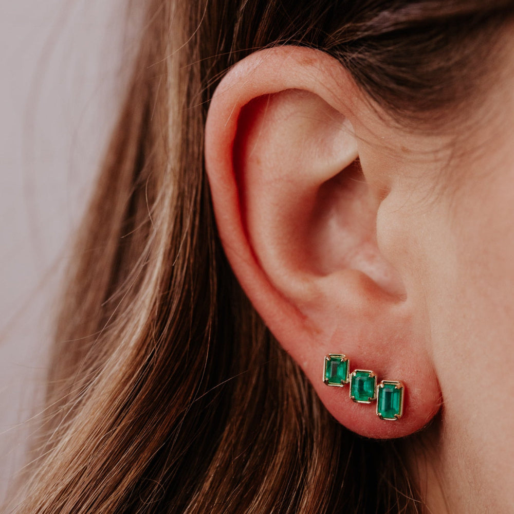 Emerald Cut Green Emerald Climber Stud Earrings