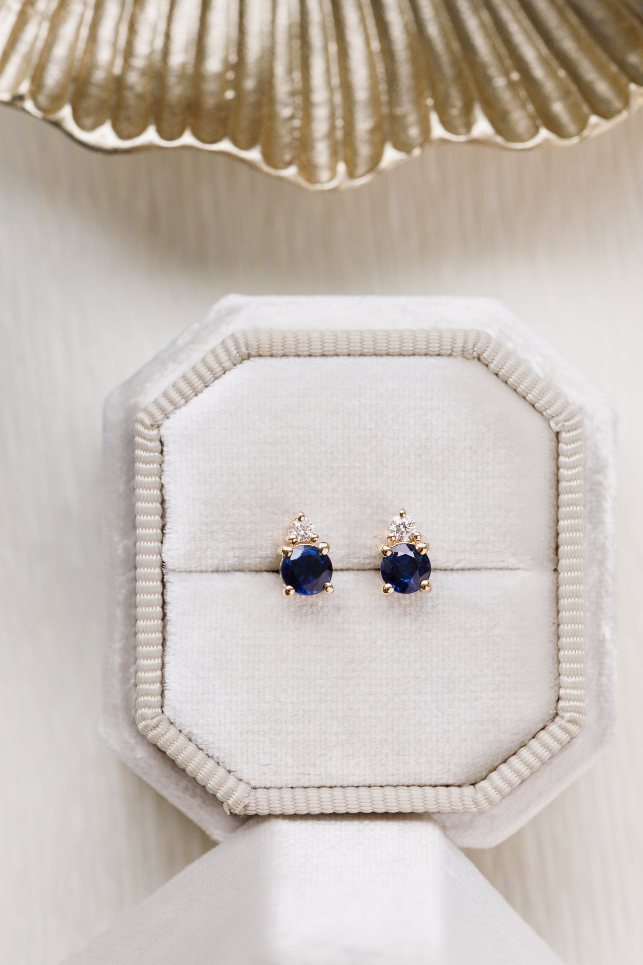 Round Blue Sapphires and Diamond Stud Earrings