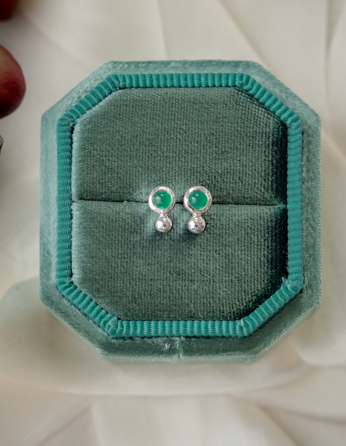 Green Agate and Metal Ball Earrings