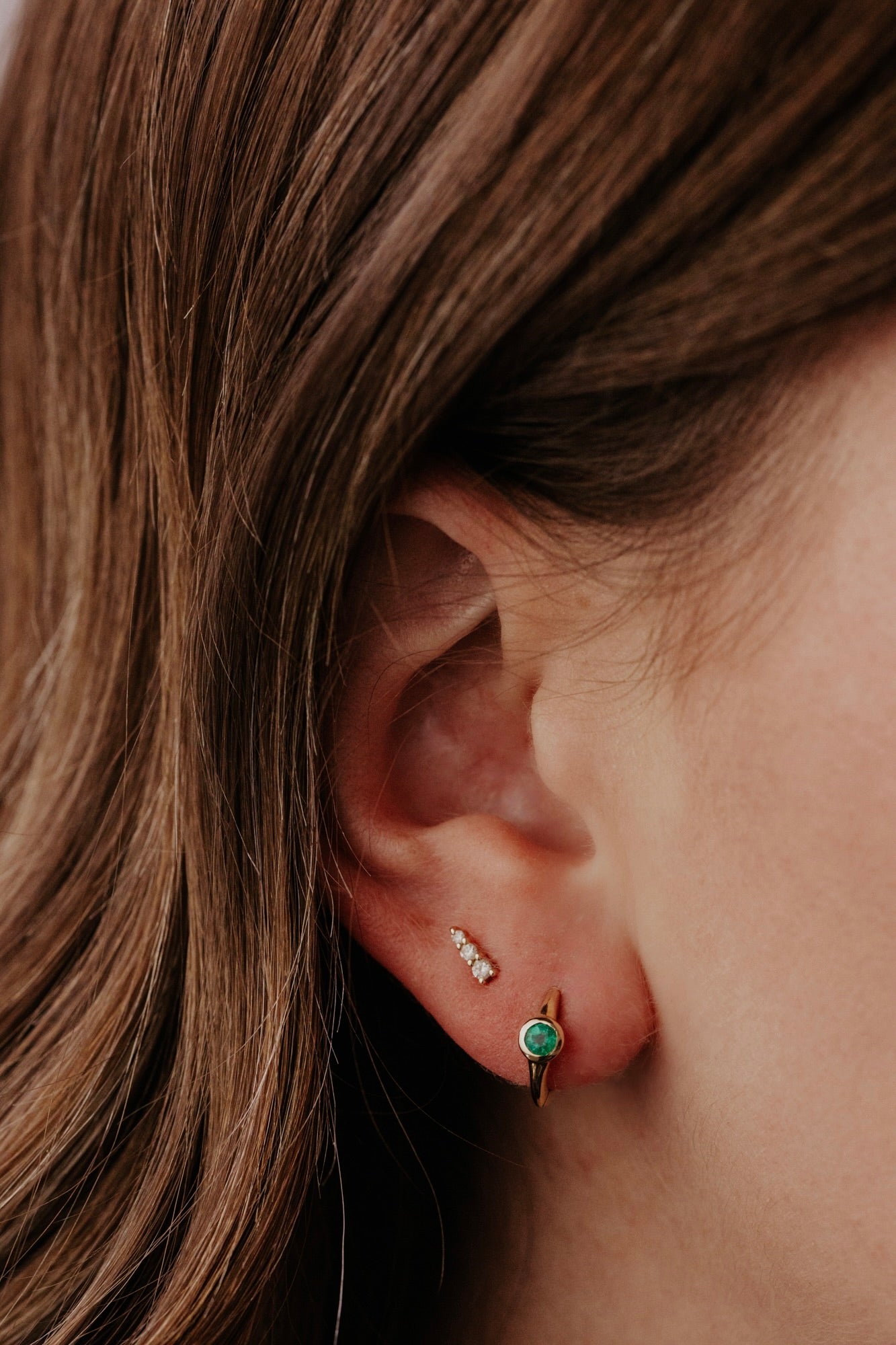 Round Bezel Emerald on Huggie Hoop Earrings