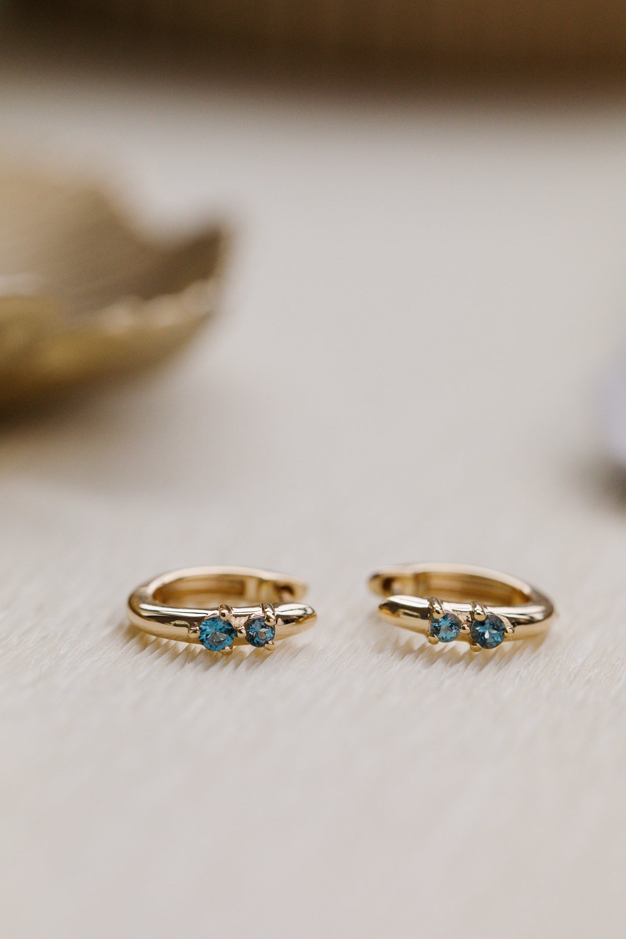 Two Round London Blue Topaz on Huggie Hoop Earrings