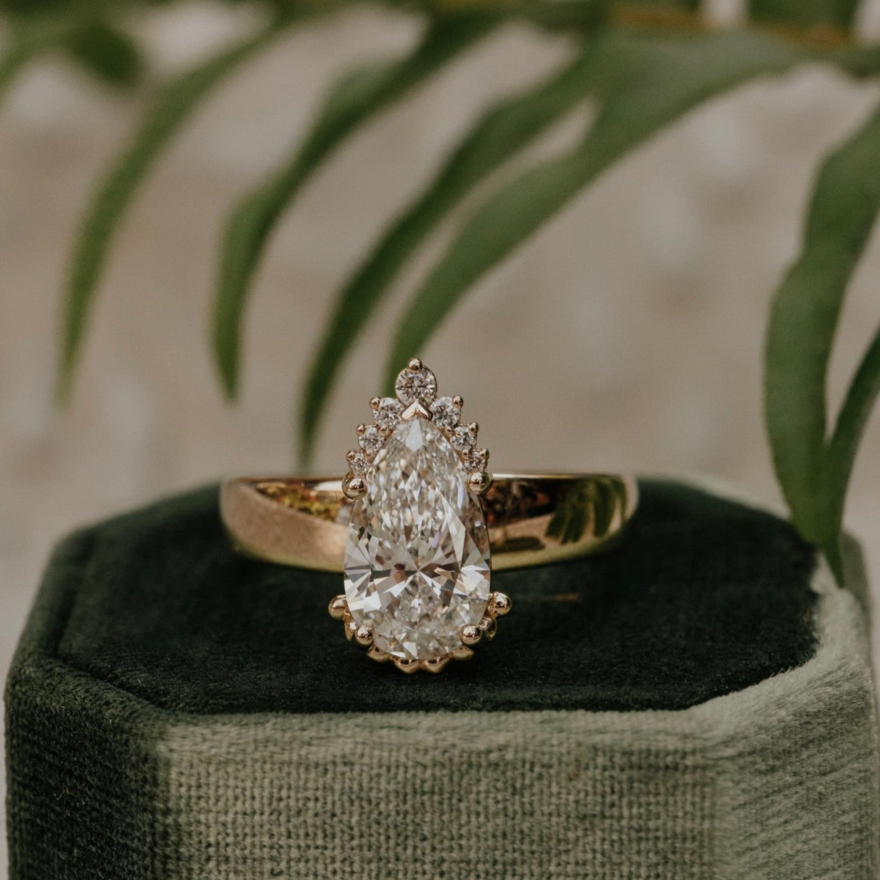 Gold ring with a large pear diamond on a green cushion with a blurred leafy background