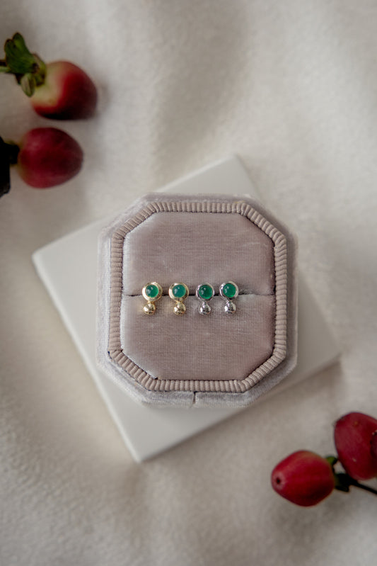 Green Agate and Metal Ball Earrings