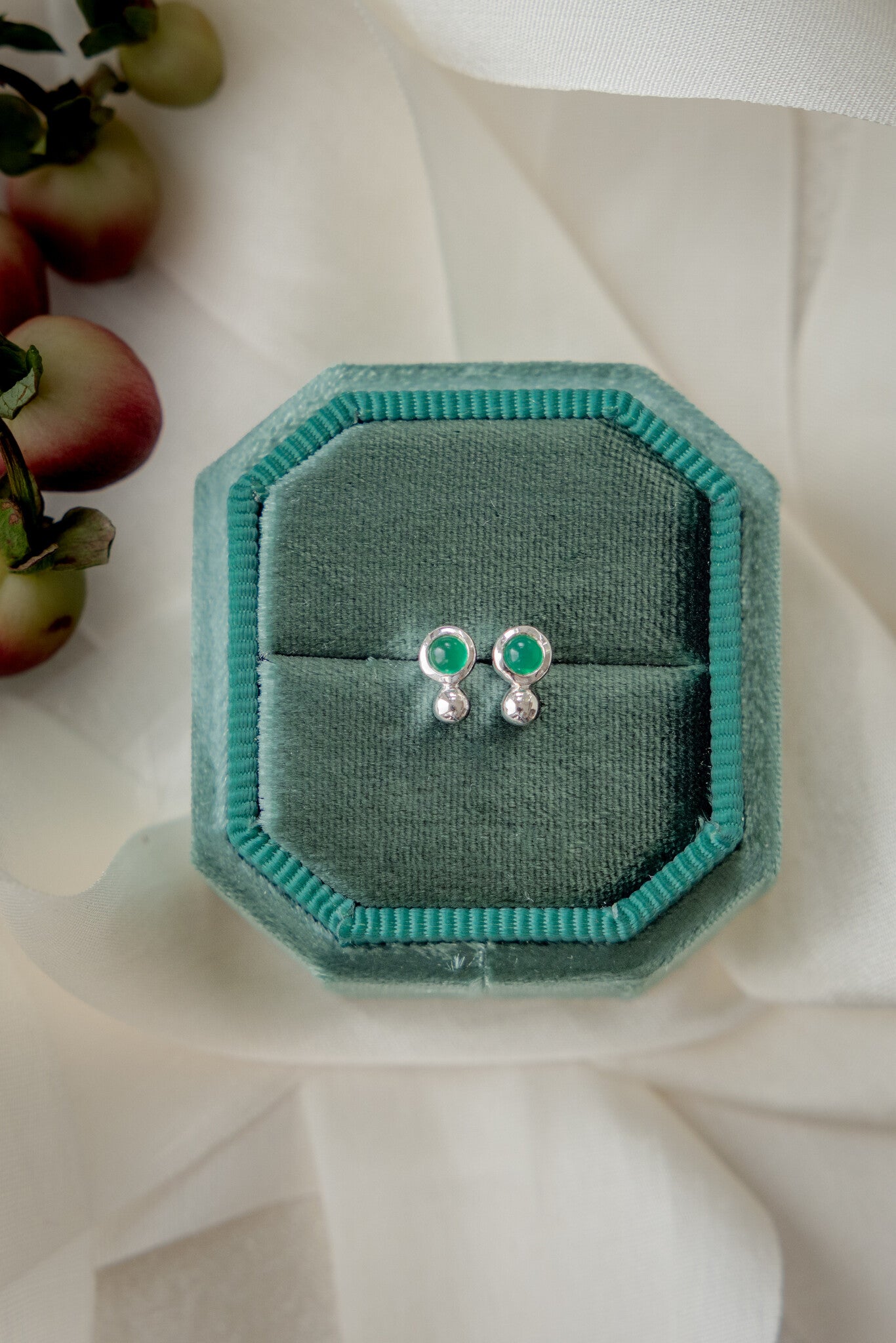 Green Agate and Metal Ball Earrings