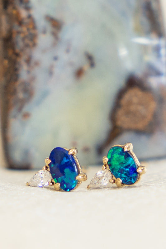 Opal with Pear Diamond Stud Earrings