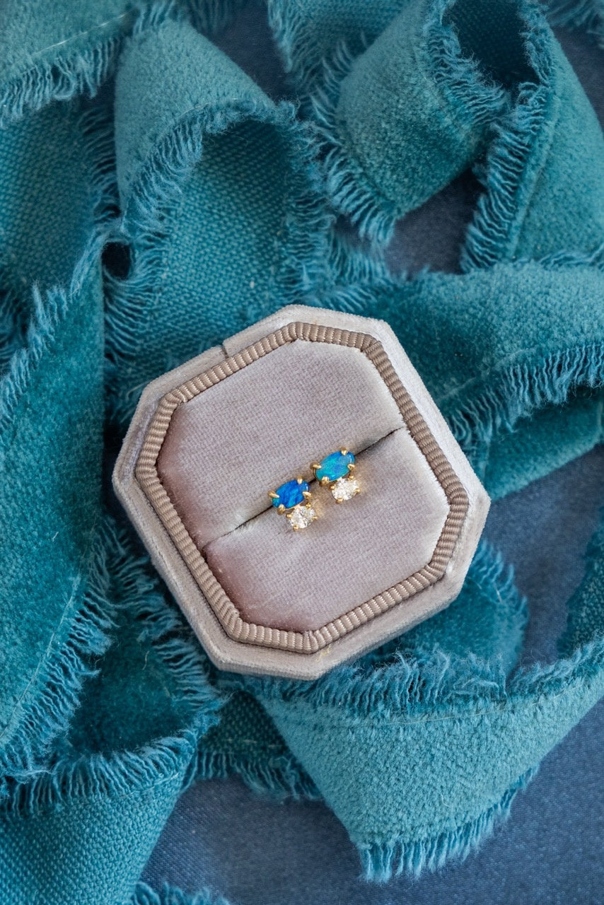 Opal with Oval Diamond Stud Earrings