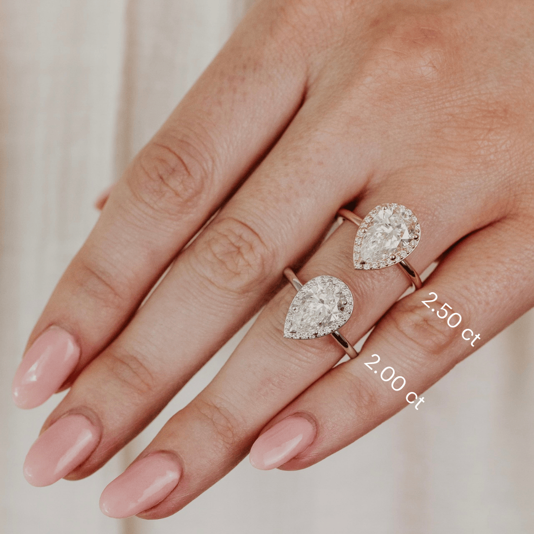 Diamond ring on a hand with measurements indicated