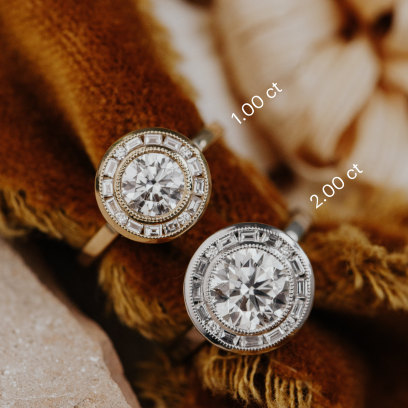 Two round diamond halo rings in white and yellow gold on a textured fabric background with measurements indicated.