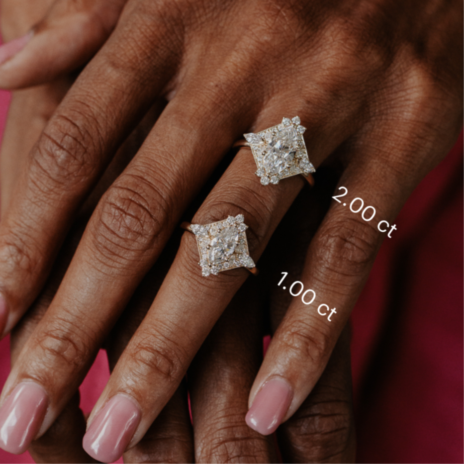 Two diamond rings on a hand with labeled carat weights against a pink background