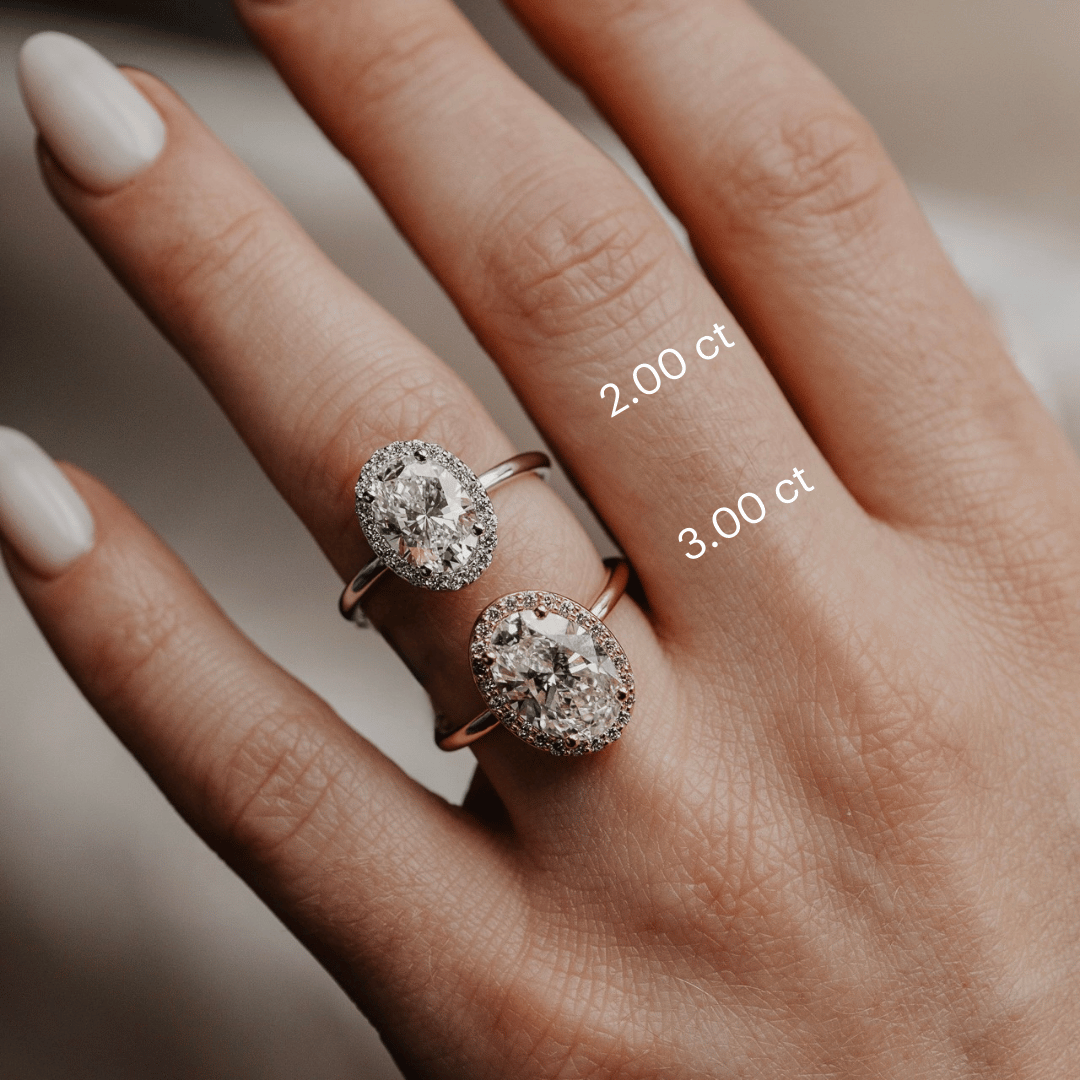 The Audrey oval diamond engagement ring with a diamond halo with 2 ct and 3 ct center stone