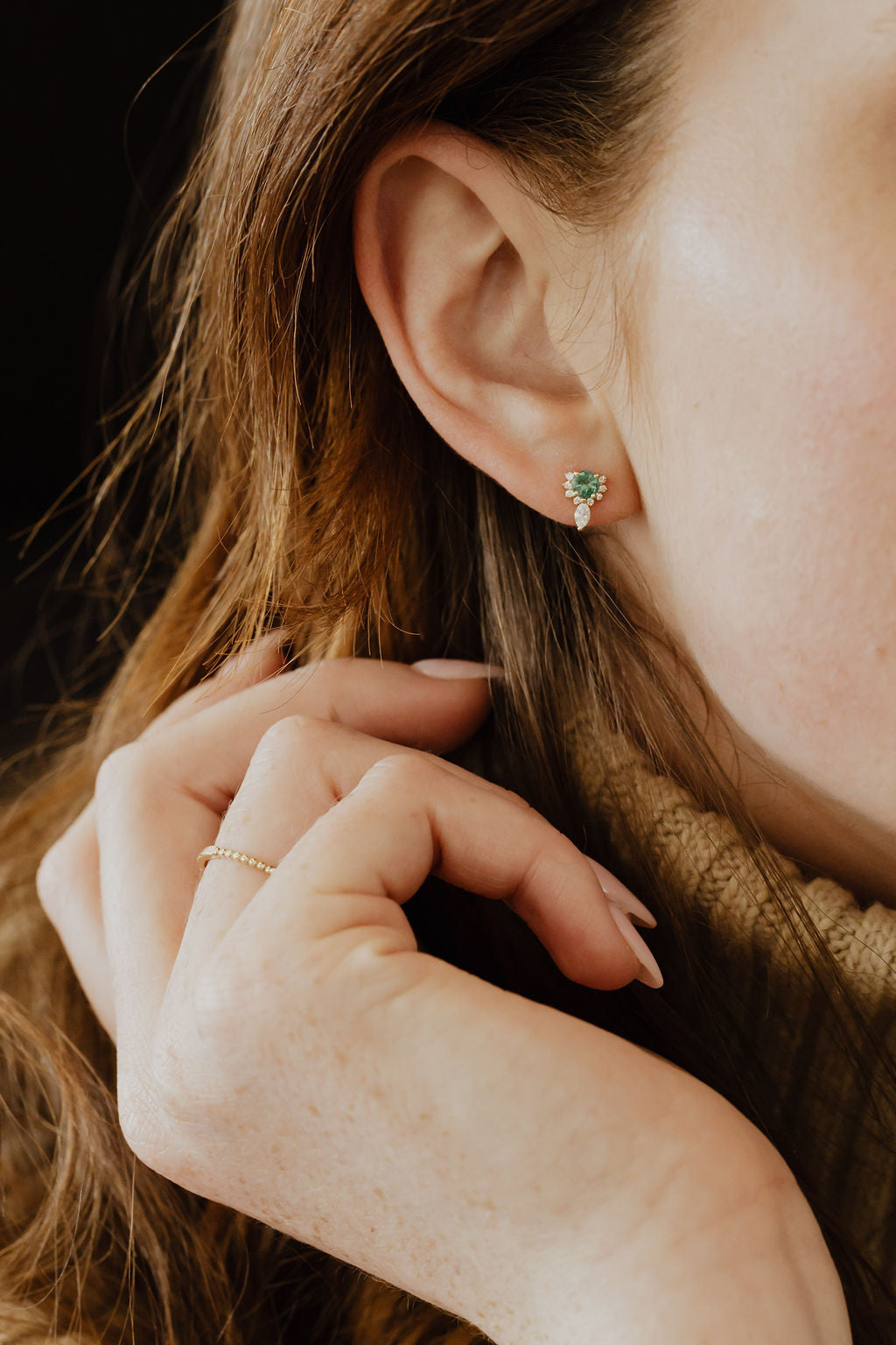 Round Emeralds with Marquise and Round Diamond Half Halo Earrings