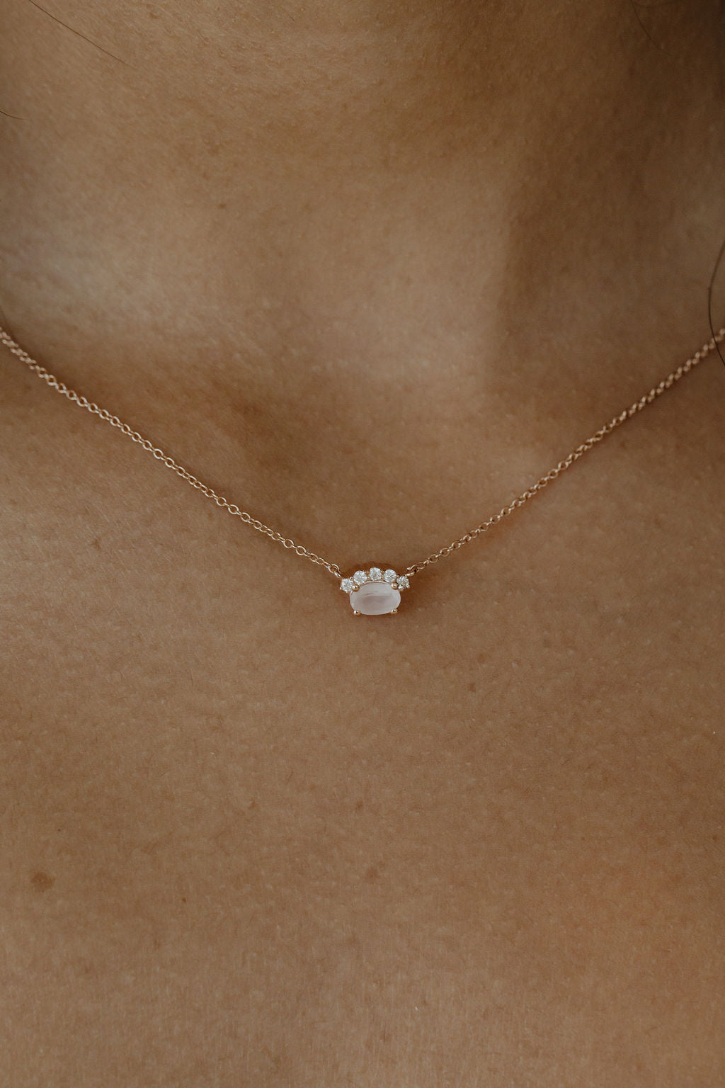 Oval Rose Quartz and Half Halo Diamond Necklace