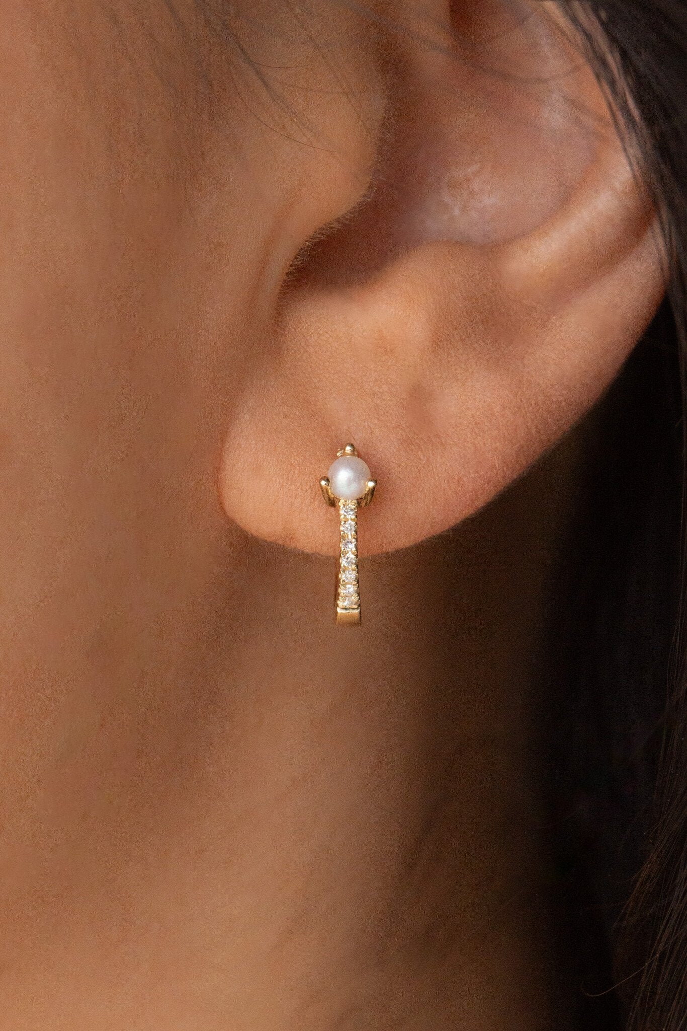 Pearl and Pave Diamond Huggie Earrings