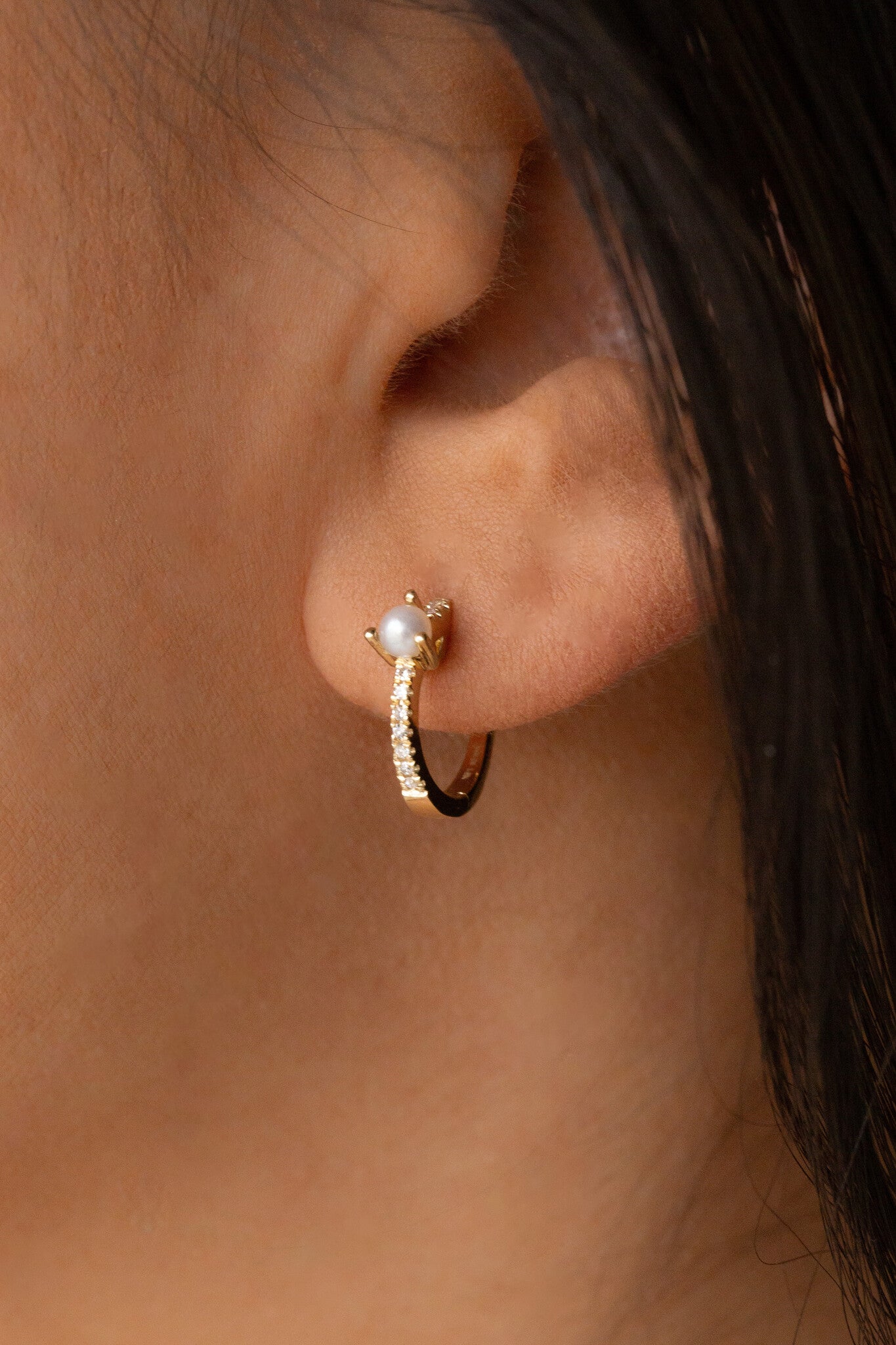 Pearl and Pave Diamond Huggie Earrings