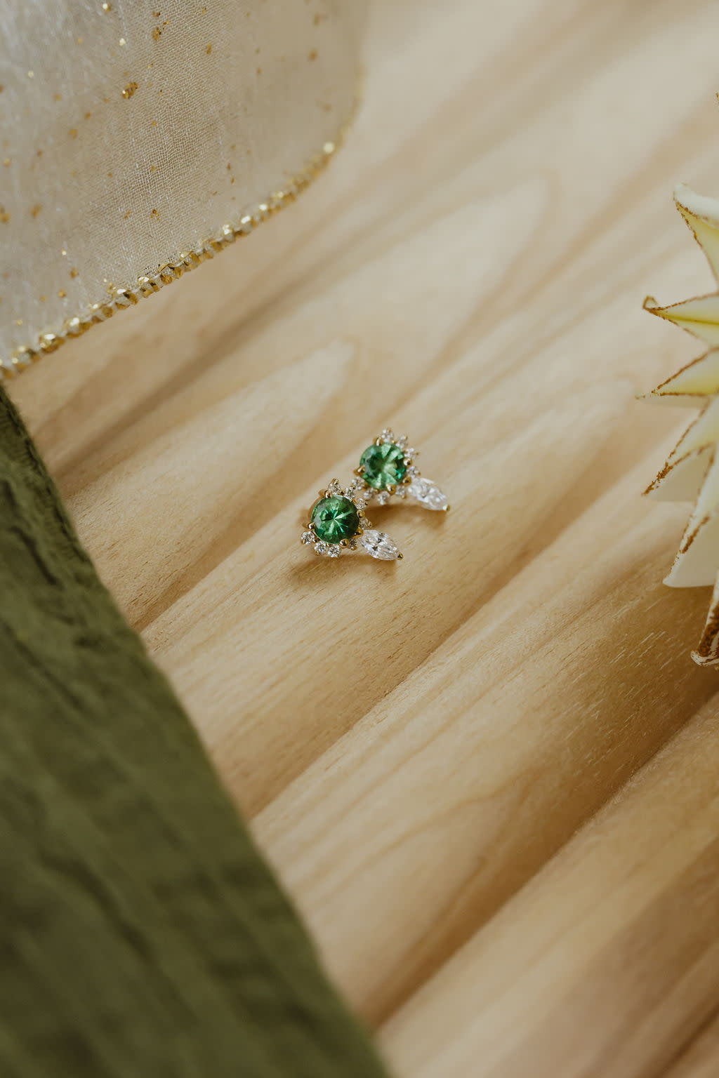 Round Emeralds with Marquise and Round Diamond Half Halo Earrings