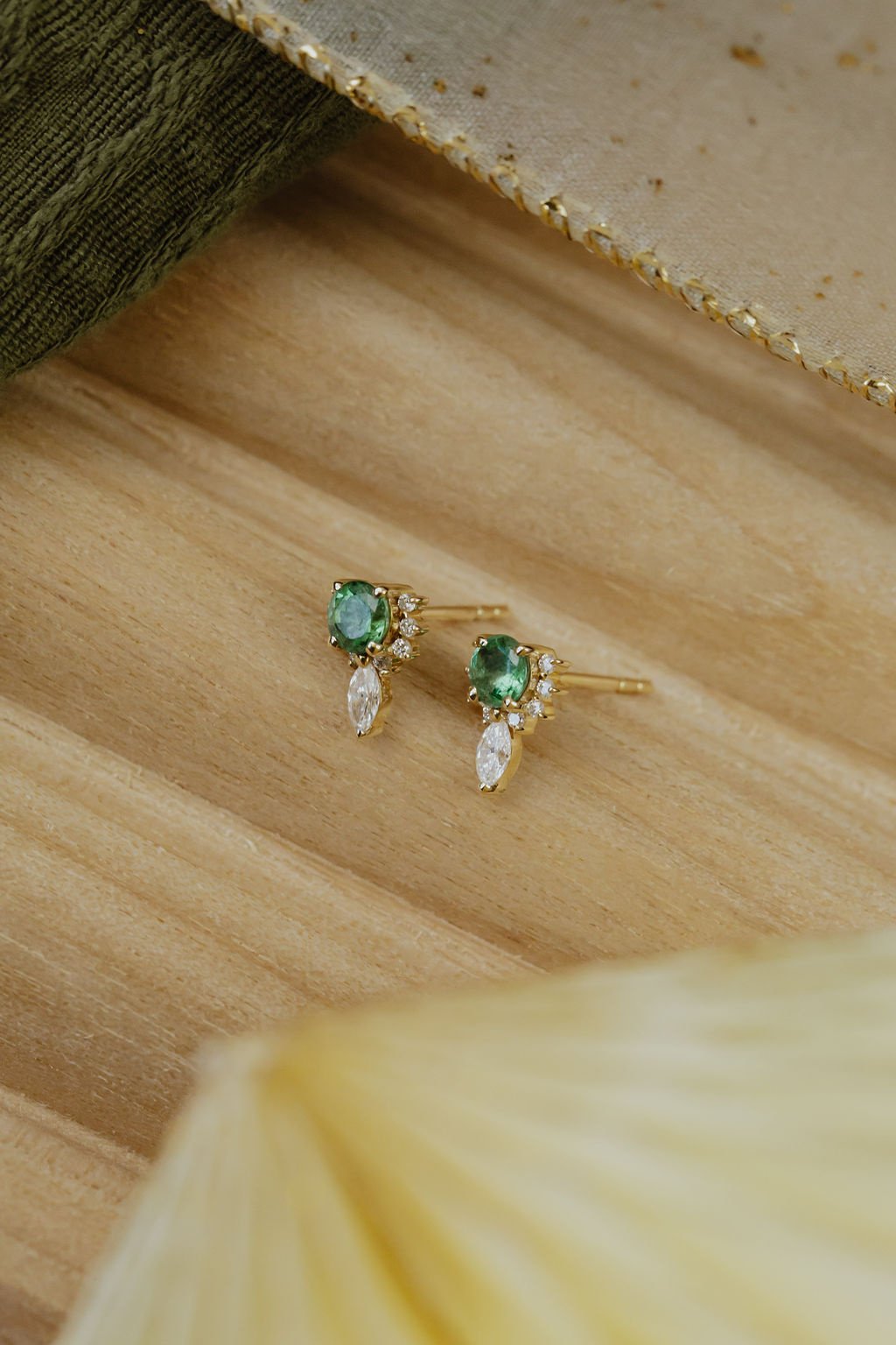 Round Emeralds with Marquise and Round Diamond Half Halo Earrings