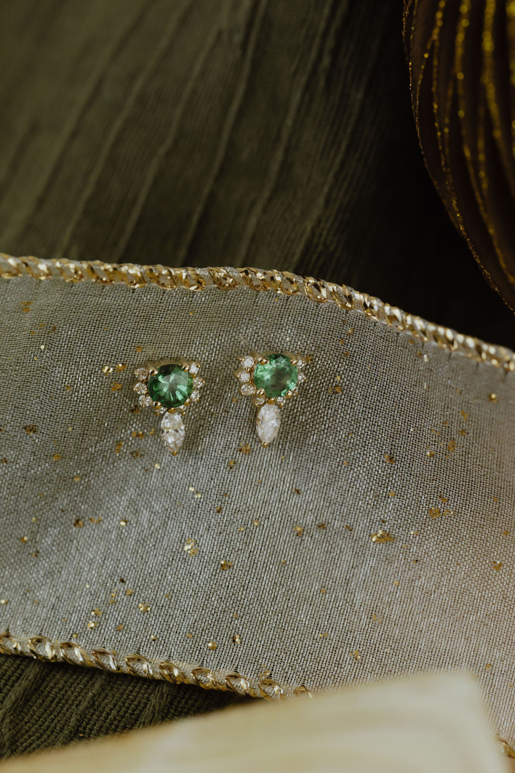 Round Emeralds with Marquise and Round Diamond Half Halo Earrings