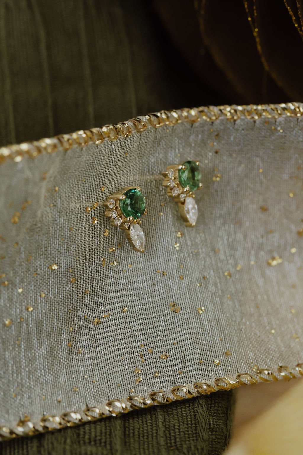 Round Emeralds with Marquise and Round Diamond Half Halo Earrings