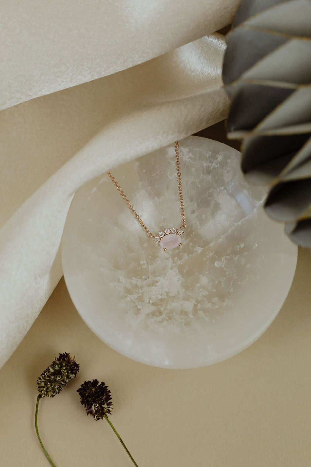 Oval Rose Quartz and Half Halo Diamond Necklace