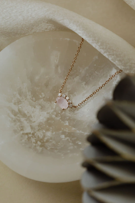 Oval Rose Quartz and Half Halo Diamond Necklace