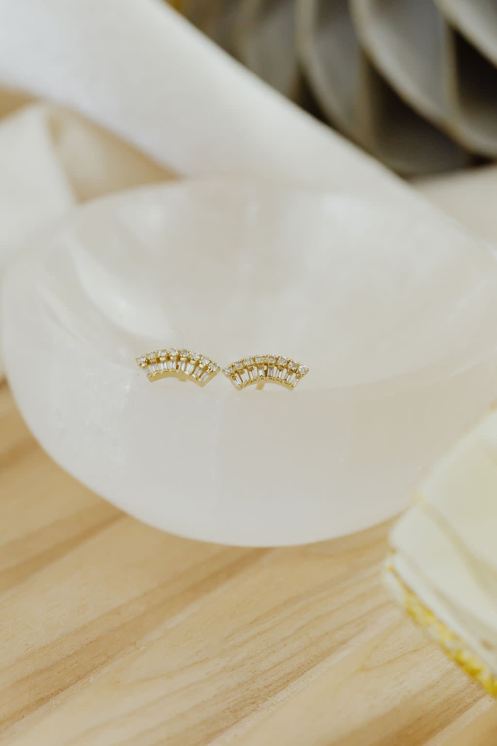 Baguette and Round Curved Fan Stud Earrings