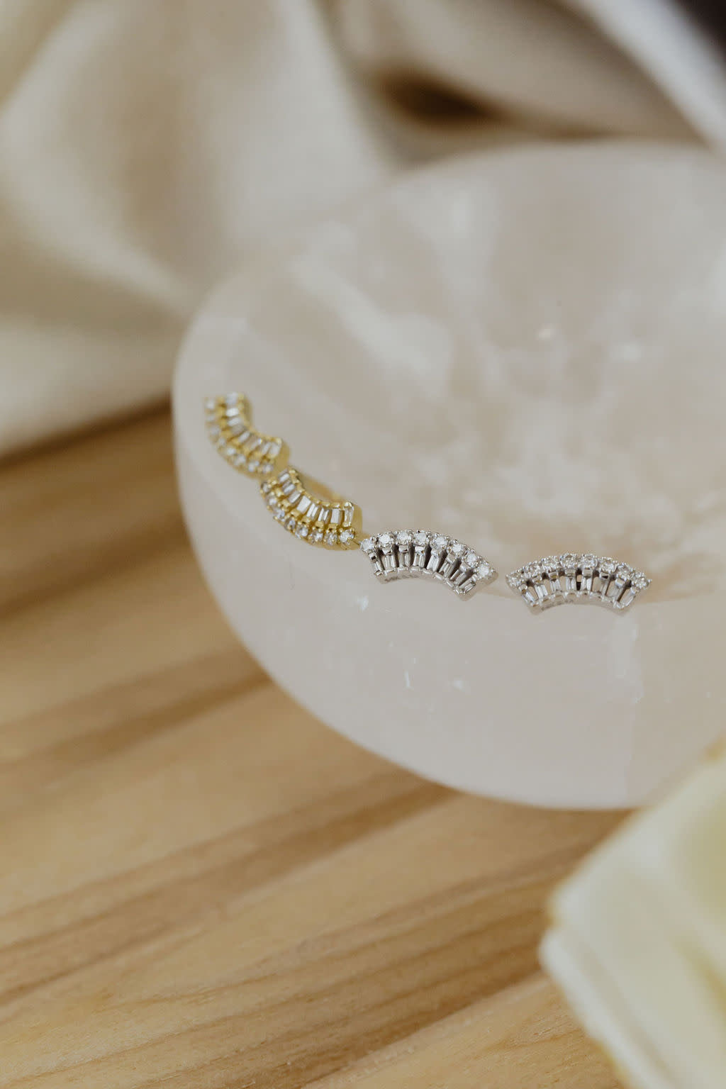 Baguette and Round Curved Fan Stud Earrings