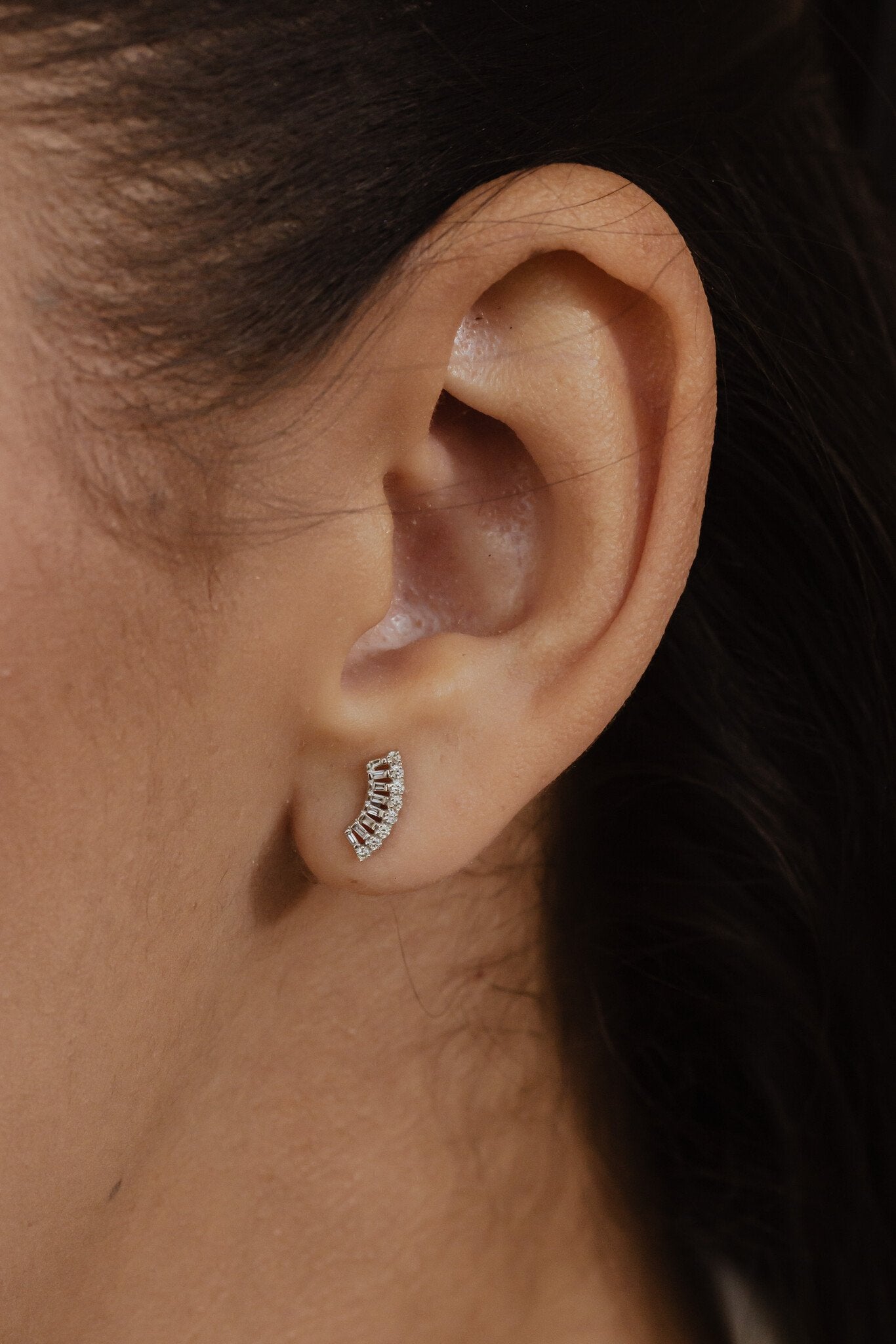 Baguette and Round Curved Fan Stud Earrings