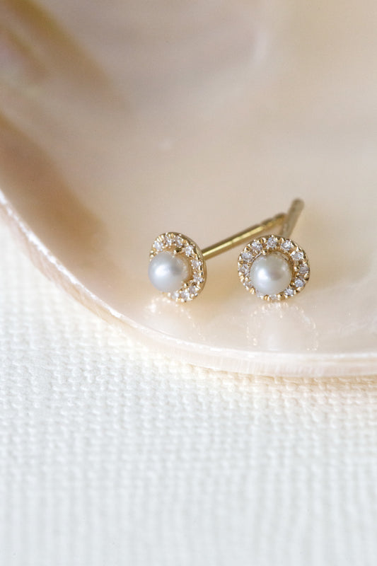Pearl and Diamond Halo Stud Earrings
