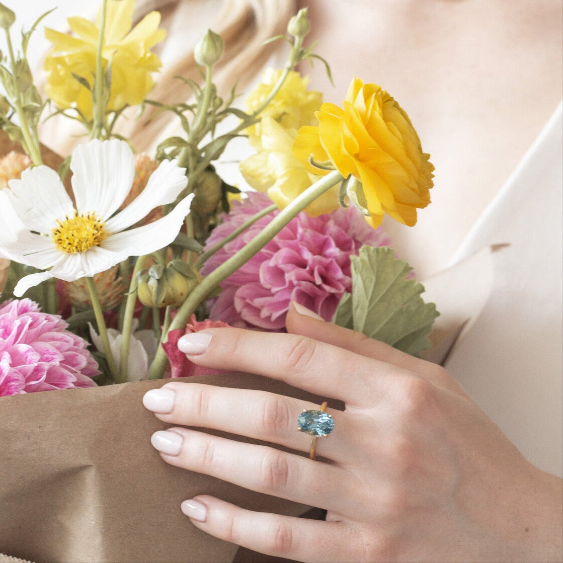 Bouquet of flowers held by a person with a white background