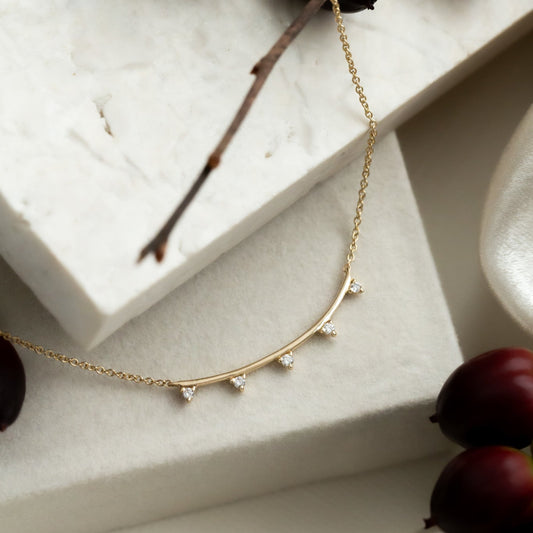 Five Diamond Curved Bar Necklace