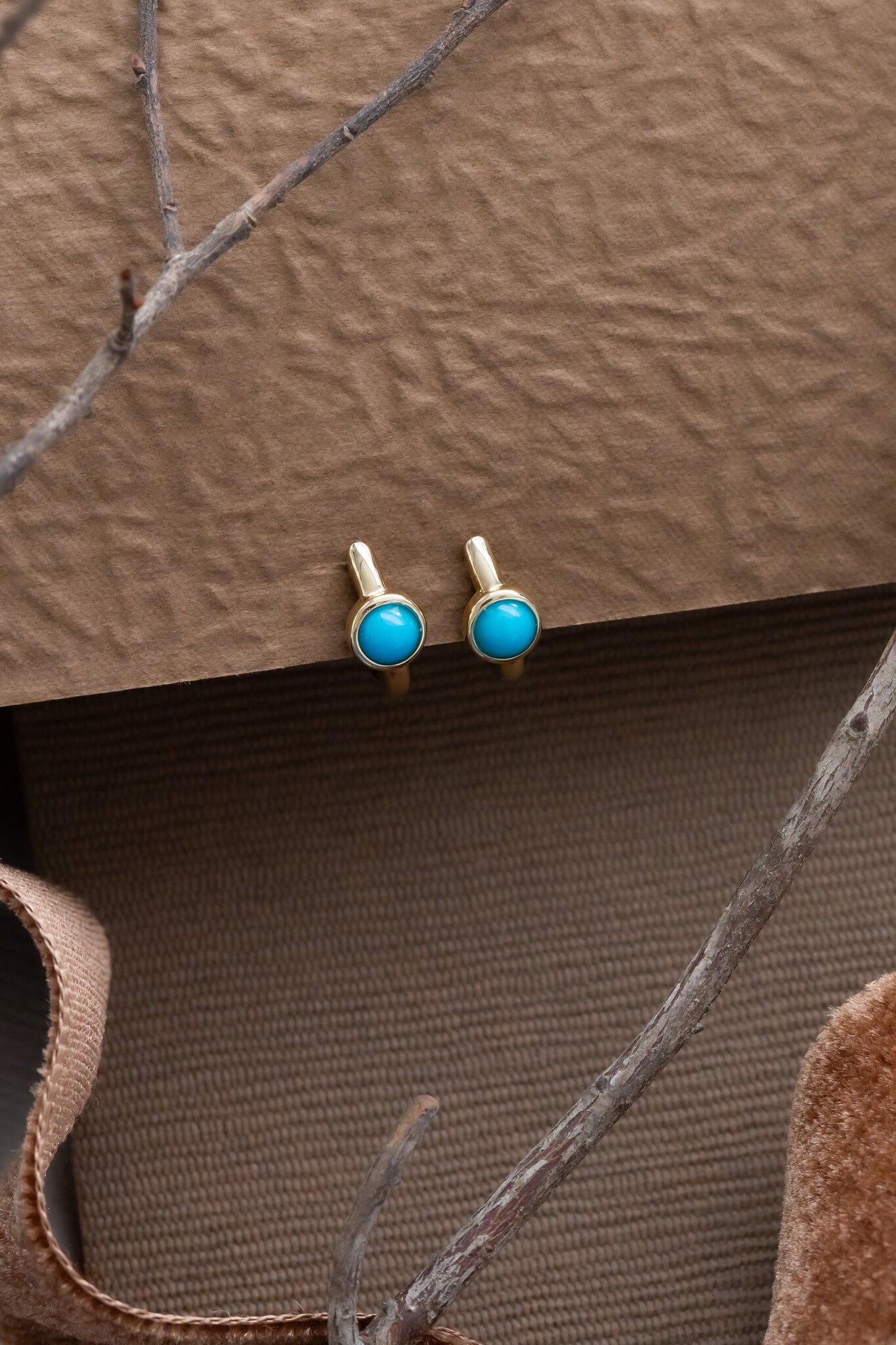 Round Turquoise in Bezels Huggie Earrings