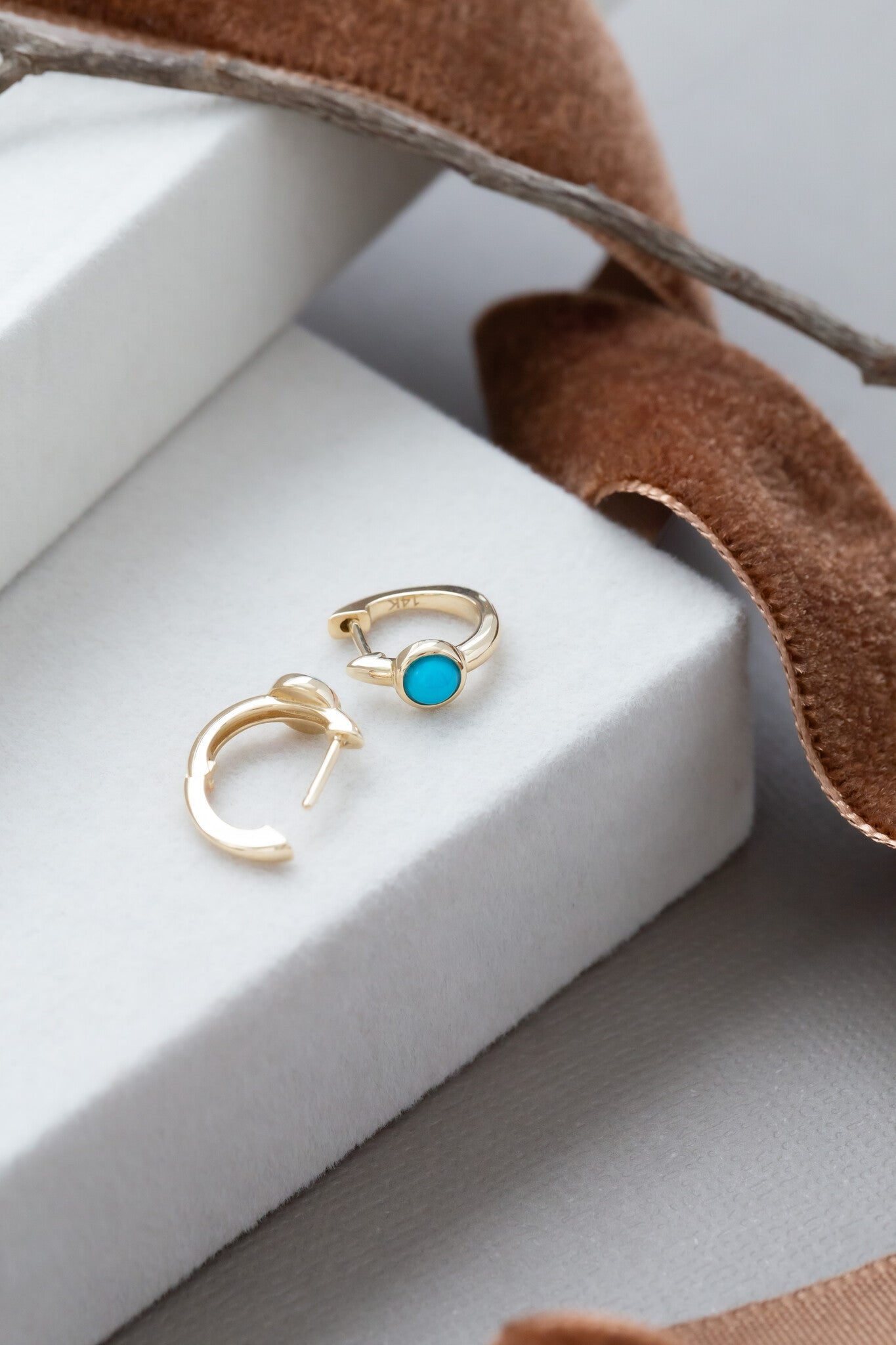 Round Turquoise in Bezels Huggie Earrings