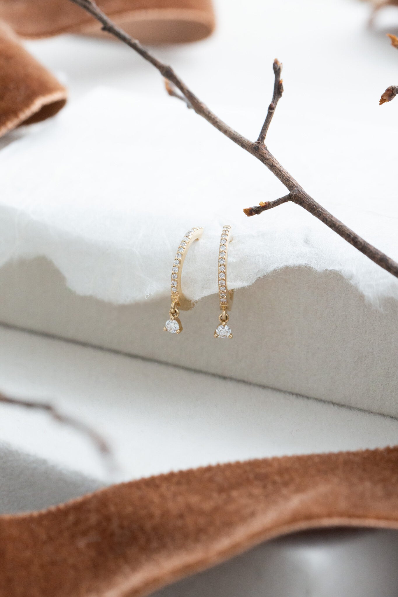 Pave and Diamond Dangle Huggie Earrings