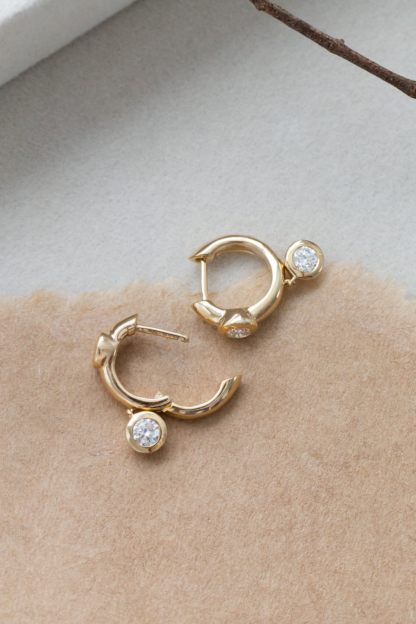 Round Diamonds on Hoop and Dangle Huggie Earrings