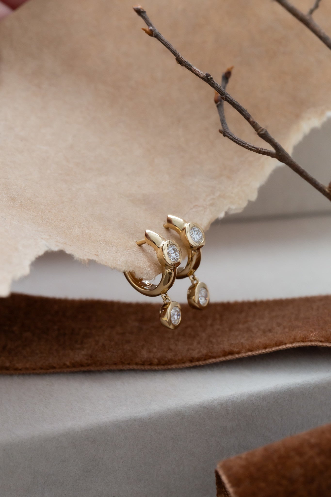 Round Diamonds on Hoop and Dangle Huggie Earrings